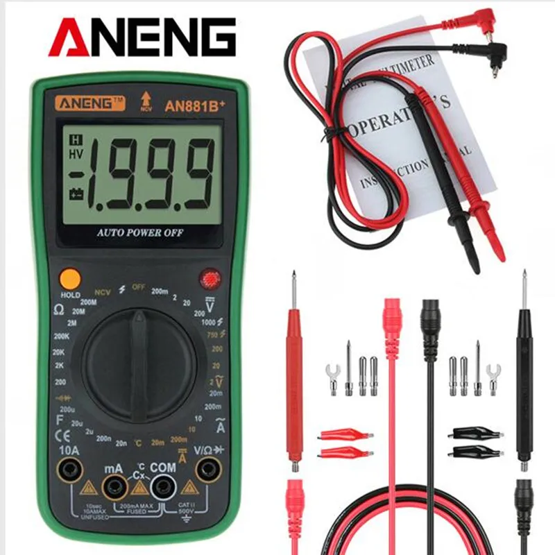 Зеленый ANENG AN881B+ ЖК-цифровой мультиметр с подсветкой AC/DC температура Амперметр Вольтметр Напряжение Ток Ом тестер мультиметр - Цвет: Зеленый