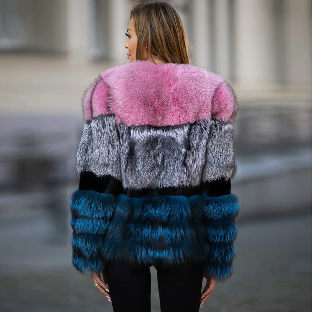 Natural Fox Fur Coat for Women Winter Outwear Fashion Color Patchwork Real Fox Fur Jacket Medium Length Thick Warm Fur Overcoats