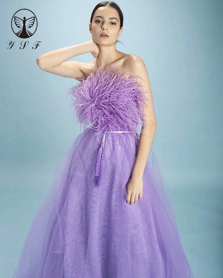 

Best Selling Lavendor Vestidos De Formature Strapless Feather Corest Belt Sleeveless Lace Prom Dresses
