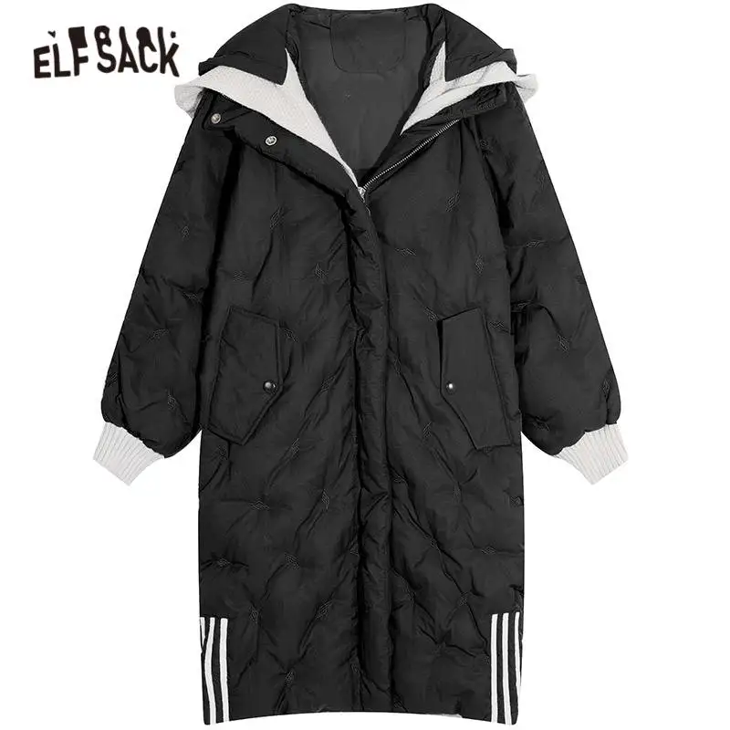 ELFSACK, черные, цветные, в полоску, прямые, теплые, с капюшоном, пуховики для женщин,, зимние, на молнии, с длинным рукавом, Корейская женская верхняя одежда