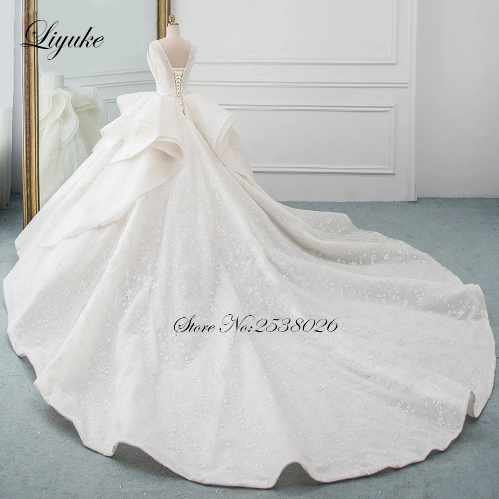 Liyuke обычный ремень V декольте бальное платье свадебное платье с Часовня Поезд свадебное платье с оборками