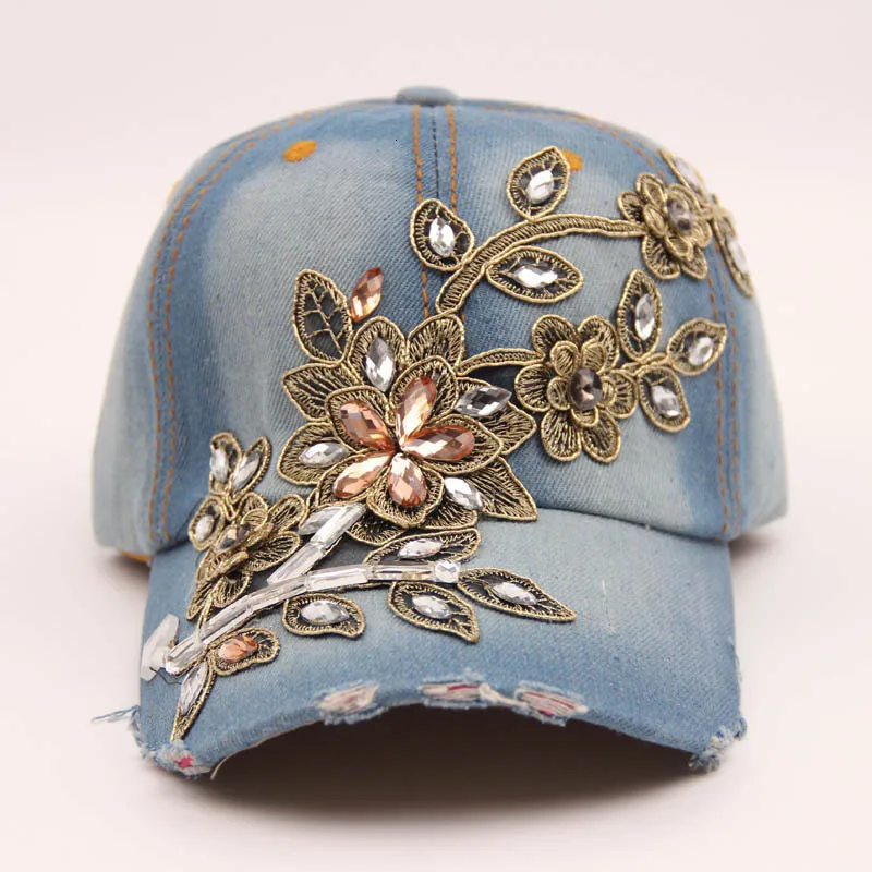 Женская бейсбольная кепка Алмазная вышивка цветок деним Snapback шапки джинсы женская кепка ковбойская летняя шляпа от солнца