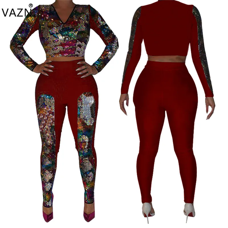 VAZN Весна, элегантный сексуальный стиль, Женский комплект из 2 предметов, однотонный, расшитый блестками, v-образный вырез, длинный рукав, полые длинные штаны, тонкий комплект, QM3596 - Цвет: Красный