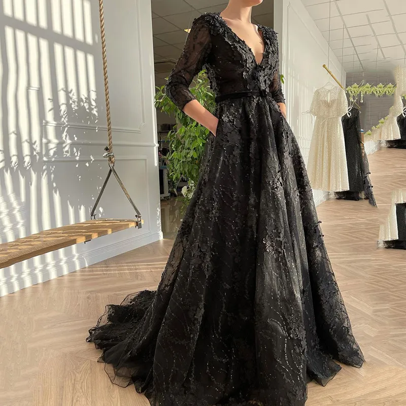 

BridalAffair A-Line Prom Dress V-Neck Three Quarter Sleeveless Lace Evening Party Gowns Saudi Arabia Celebrate Dress Custom Made