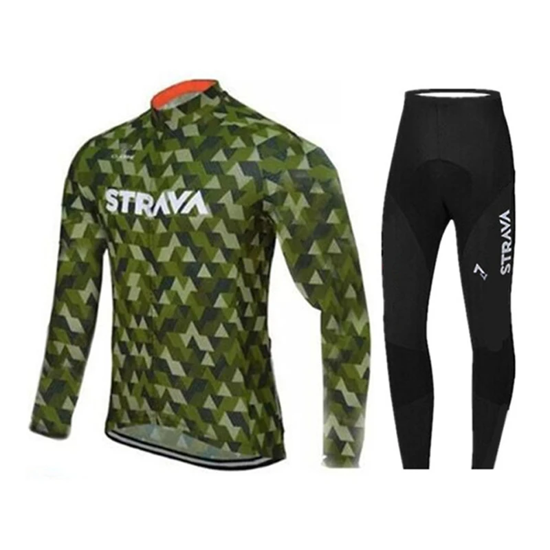 STRAVA длинный рукав Велоспорт Джерси велосипед длинные брюки набор для мужчин 19D гель подушка Ropa Ciclismo Одежда для велоспорта геометрические узоры
