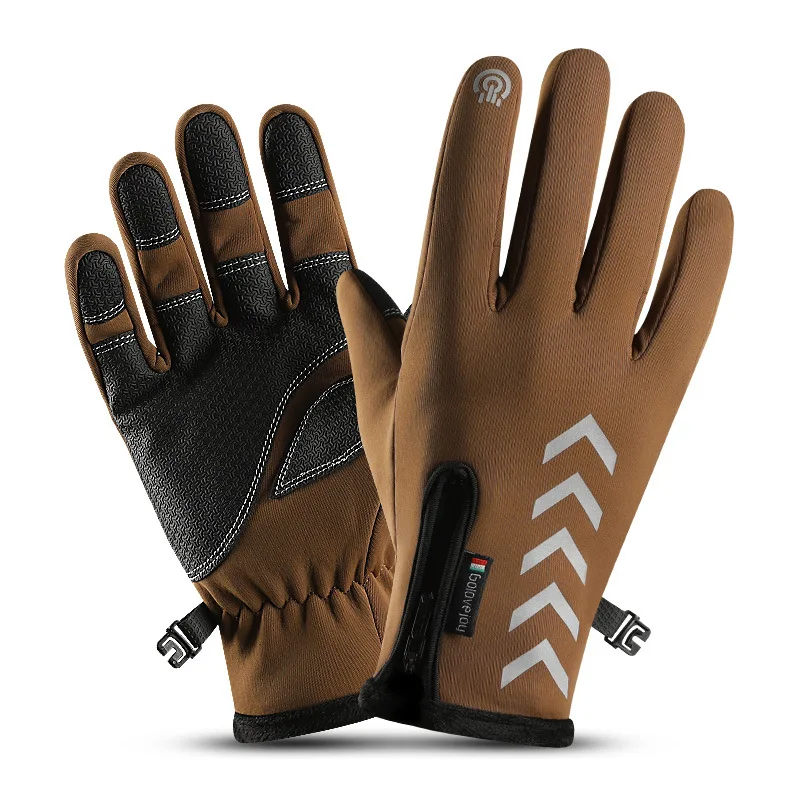Мужские и женские перчатки для бега осень-зима водонепроницаемые Нескользящие перчатки с сенсорным экраном для ночной езды на велосипеде светоотражающие полосы M L XL XXL - Цвет: Brown