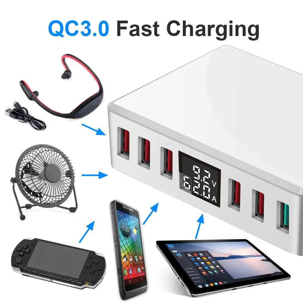 

T9 QC 3.0 6 Ports USB Charger Travel Charger LCD Digital Display Smart Charging Station Multi-Port USB Charging Plug US Plug