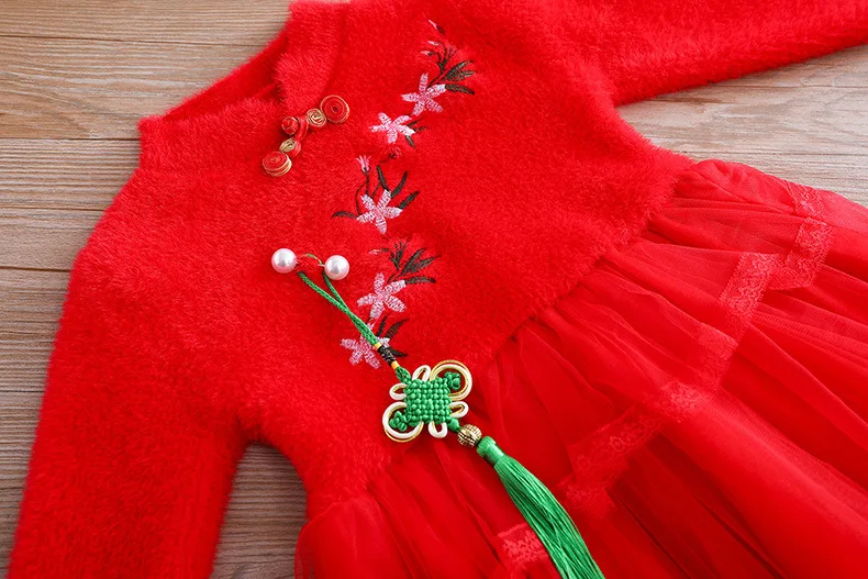 Платье в китайском стиле для маленьких девочек зимние вязаные платья-свитера для девочек Красное вязаное платье с длинными рукавами для маленьких девочек зимняя одежда для малышей