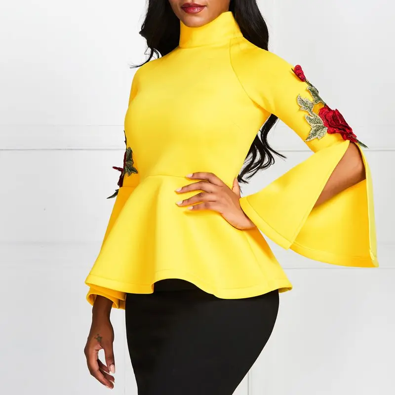 Женская блузка желтые Топы Рубашки с расклешенными длинными рукавами тонкие элегантные яркие желтые плиссированные Женские топы OL Стиль Блузка Прямая