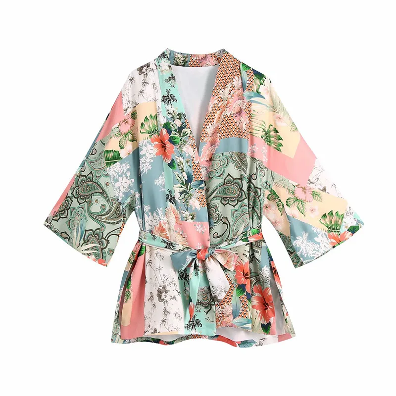 

Nice Sweet Women V Neck Bow Lace Jacket New Summer Vogue Ladies High Street Coat Female Printed Japanese Kimono Top