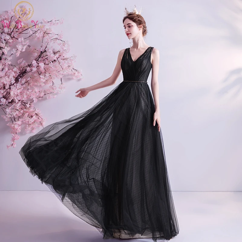 

Black Evening Gown Dresses Party 2020 Dot Tulle Sleeveless A Line Long Sweep Train V Neck Prom Formal Elegant Walk Beside You
