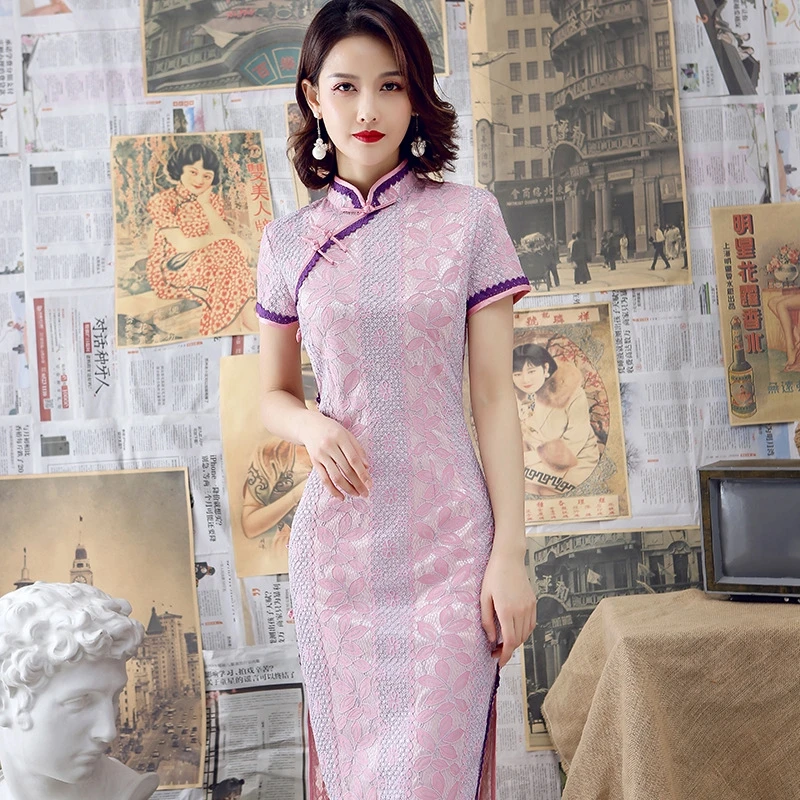 Traditional Chinese Qipao Cheongsam Autumn Lace Handmade Button Elegant Vintage Women Long Dress