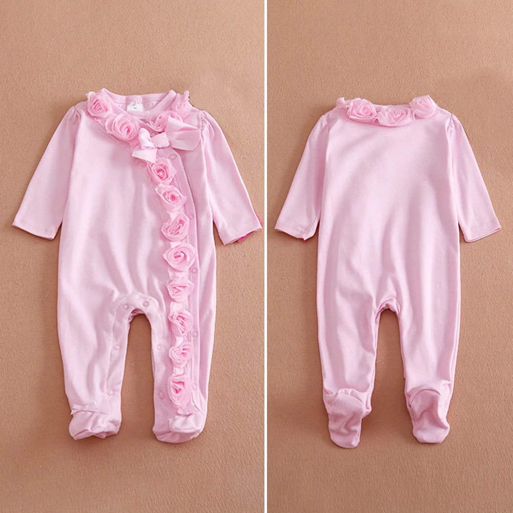 Girl Casual Lightweight Bowknot Lace Flower Long Sleeve Comfortable Baby Romper Set With Headband Decorative Buttons Solid Color