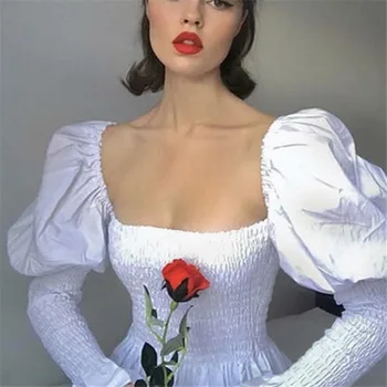 

Women Long Sleeve Top O-Neck Tops Cotton Long Puff Sleeve Shirt White Lady Vintage Slim Female Fashion Blouse Shirts Streetwear