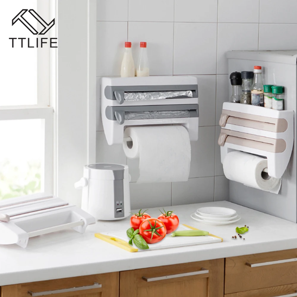 

Wall-Mount Paper Towel Holder Sauce Bottle Storage Rack Multifunction Kitchen Tin Foil Rack Organizer Plastic Wrap Storage Rack