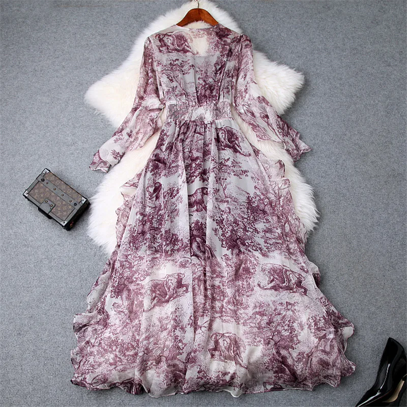 Винтажное длинное шифоновое платье с животным принтом, летнее Повседневное платье с v-образным вырезом и оборками, большие размеры 3XL, дизайнерское платье для подиума