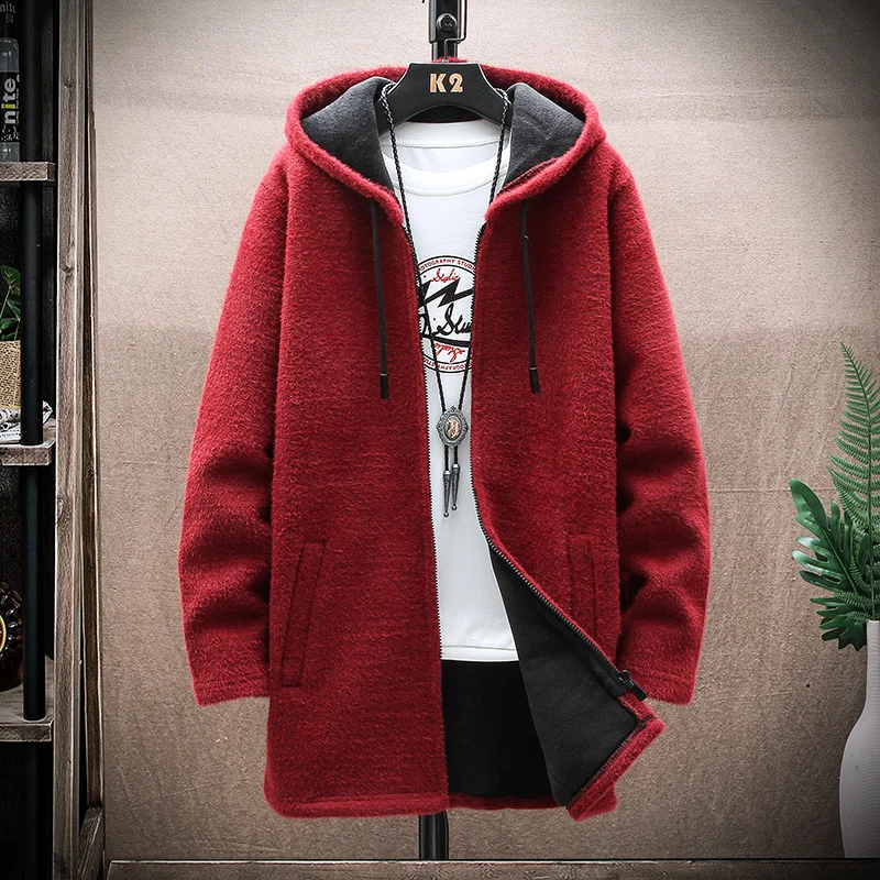 Mid-length Jacket Men's Sweater Fall/winter Hooded Jumper Solid Fleece Thick Warm Male Cold Coat Knitted Hoodie Zipper Cardigan