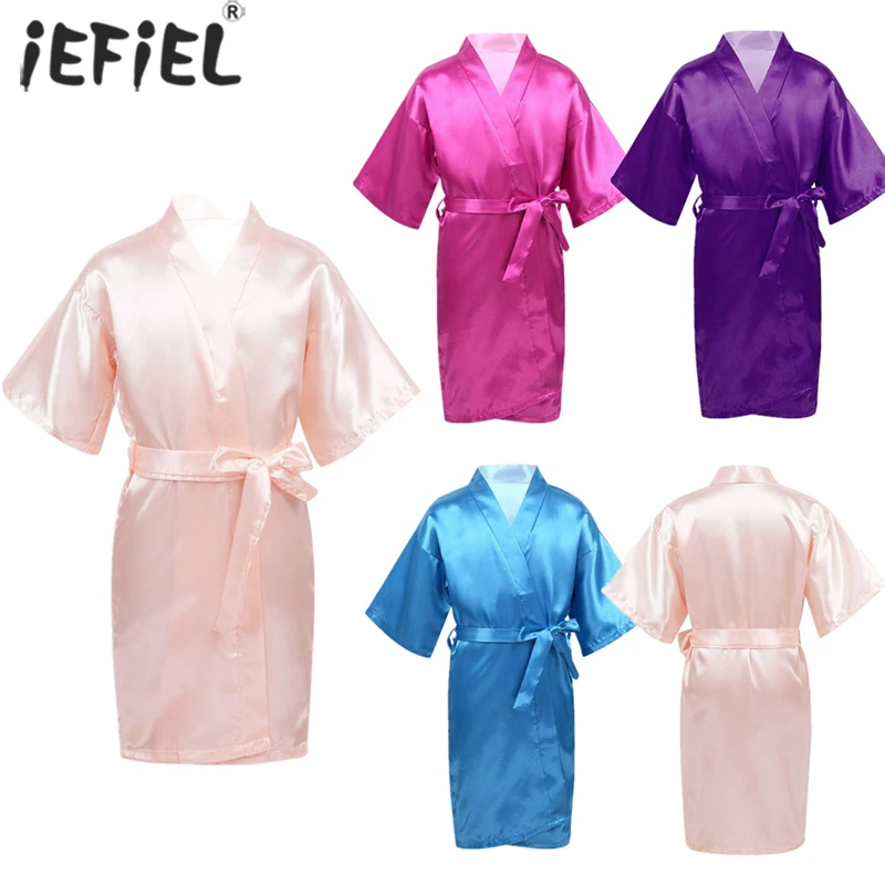 Spring Kids Bathrobe Solid Color Japanese Kimono Fashion Spa Birthday Satin Bathrobe for Boys Girls Robe Nightgown Sleepwear
