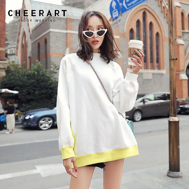 

Cheerart Turtleneck Sweatshirt Women Thick Fleece Hoodie White Yellow Long Sweatshirt Korean Sweat Femme Fall 2019