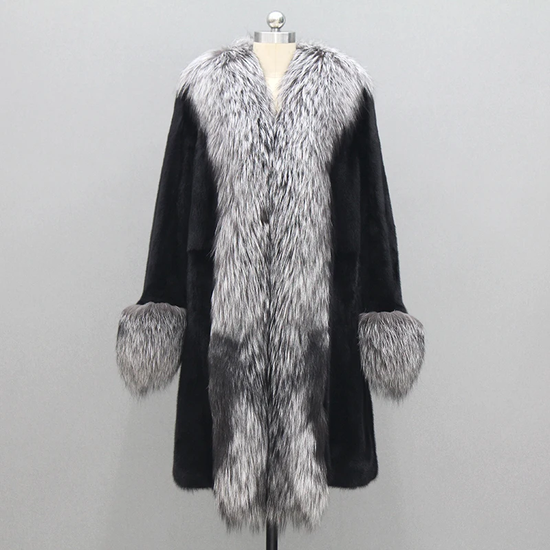 black new mink coat Girls long section of the entire large fox fur collar coat 1008 - Цвет: black