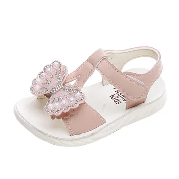 

CUZULLAA Summer Kids Girls Rhinestone Butterfly T-Strap Beach Sandals Shoes 2020 Children Pearl Hook & Loop Sandals Size 21-36