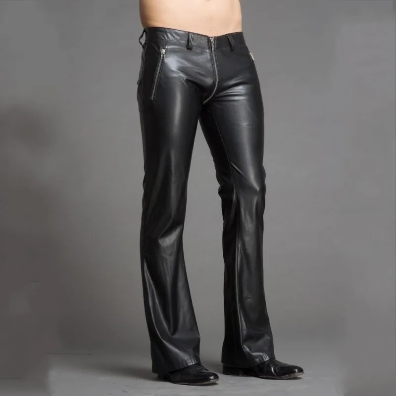 

High Quality Men Pu Leather Flare Plus Size Slim Fit Punk Style Personality Zipper Bell-Bottomed Pants Stage Show Trousers