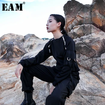 

[EAM] Women Black Letter Printed Ribbon Personality T-shirt New Round Neck Long Sleeve Fashion Tide Spring Autumn 2020 1B384