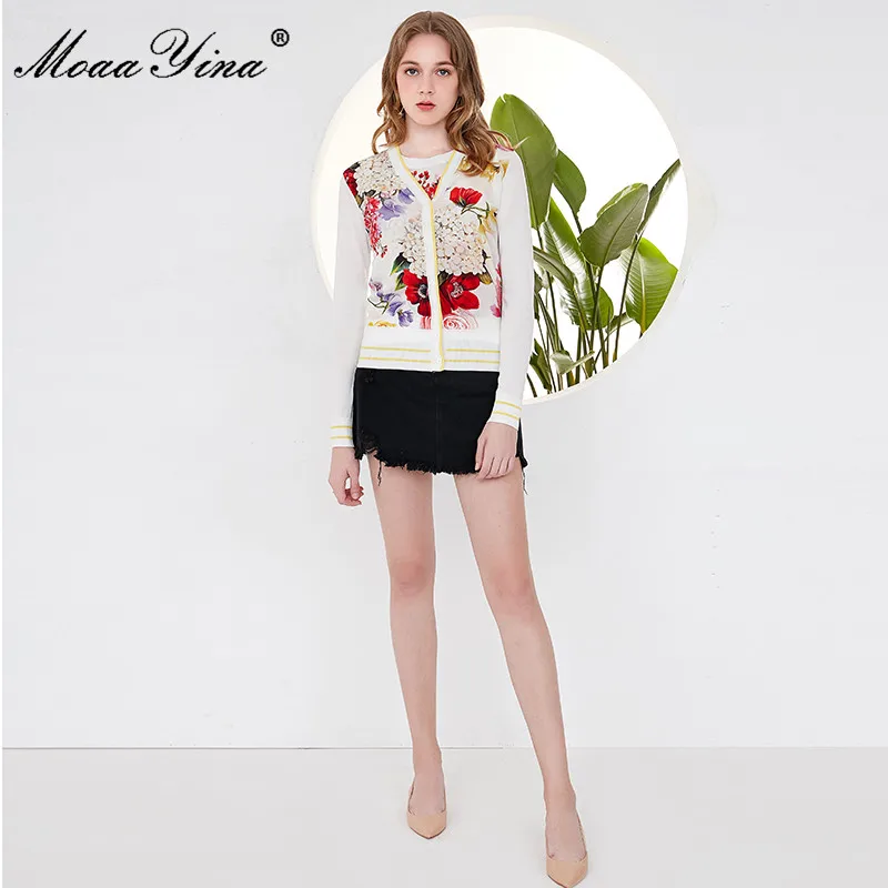 MoaaYina Spring Autumn V-neck Long sleeve Cardigans Knitting Tops Women's Elegant Floral-Print Silk Sweater Thin Coat