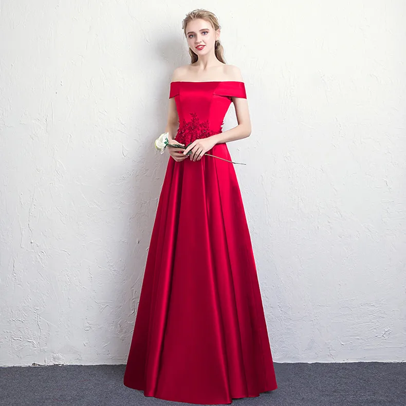 Robe De Soiree/ г. ТРАПЕЦИЕВИДНОЕ длинное бордовый вечернее платье с открытыми плечами атласное платье для девочек, vestido de festa, свадебные вечерние платья для выпускного вечера