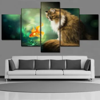 

Canvas Print Modular Picture Decor Framework 5 Piece Animal Cat And Goldfish Painting Home Decor Wall Art Poster