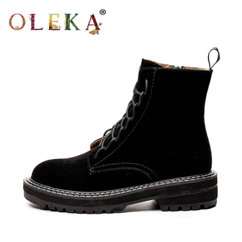 

OLEAK Leather Ankle Winter Platform Riband Round Toe Boots Concise Style Motorcycle Boots Warm Short Plush New Shoes 2020
