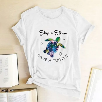 

Skip A Straw Save A Turtle Print T-shirts Women Summer Graphic Tee Harajuku Shirts for Women Loose Aesthetic Clothes Streetwear