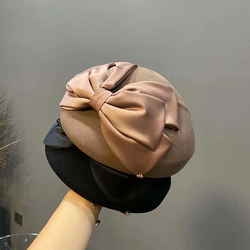 

New Winter New Beret Elegant Satin Bow Painter Hat Fashion Casual Fedora Octagonal Hat Luxury Hat Fashion Casual Pork Pie Hat