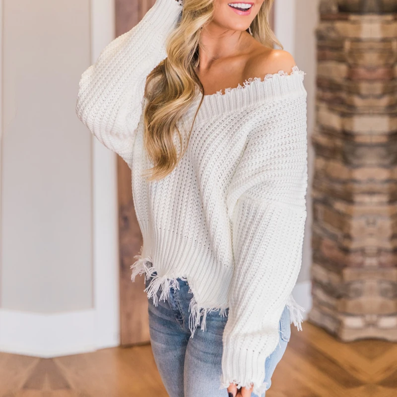 Online Otoño moda cuello en V flecos tejido de punto para mujer suéter de manga larga deshilachado Jersey suelto rasgado suéter para mujer