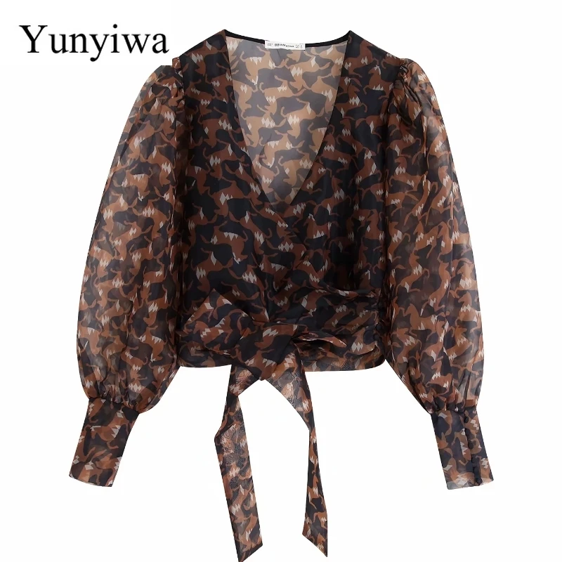 

Women Cross V Neck Printing Transparent Organze Smock Blouse Shirts Women Hem Bow Tied Kimono Blusas Retro Chemise Tops