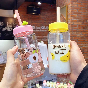 

New Kawaii Strawberry Fruit Milk Water Bottle With Straw Cute Cartoon Leakproof Drinking Bottles Transparent Glass Water Bottles
