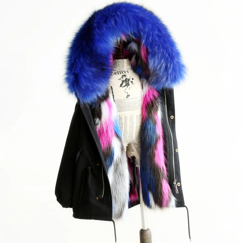 Black Blue Dollplus/зимняя одежда для маленьких девочек меховые шубы с капюшоном, толстые теплые куртки для девочек ветрозащитная хлопковая детская верхняя одежда зимняя одежда - Цвет: Black Blue