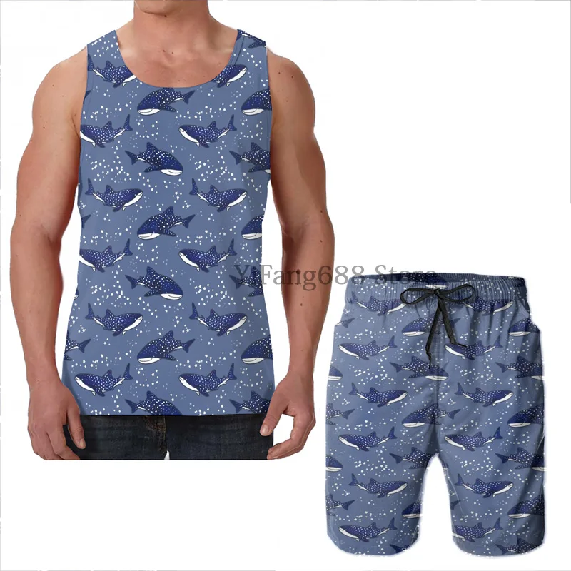 Summer funny print men Tank Tops Women Starry Whale Sharks (Dark version) beach shorts women sets fitness vest | Мужская одежда
