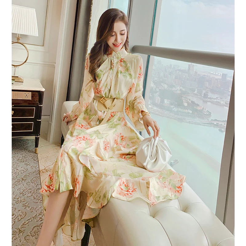Palace style printed dress autumn 2020 new style female western style ruffled irregular Office Lady  Polyester