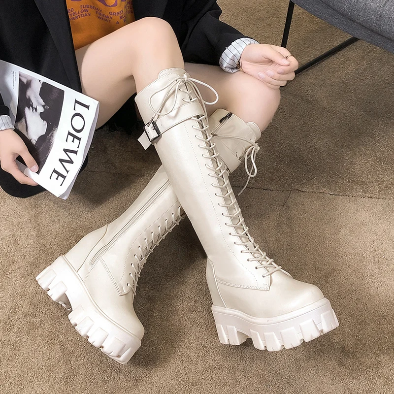 patent leather knee high boots fashion women's increased shoes winter warm lace-up long boots platform punk boots