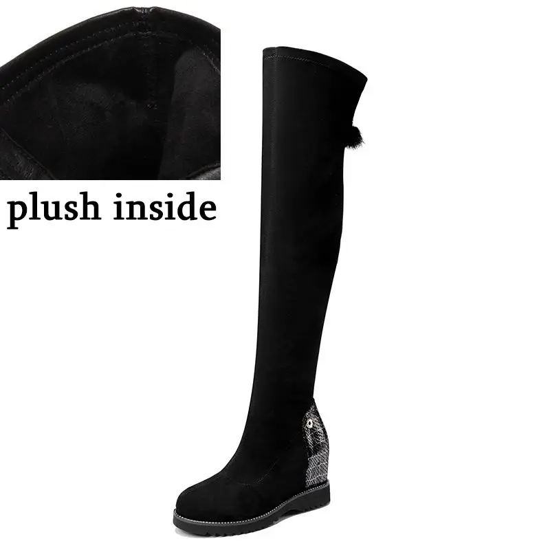 plush inside ALLBITEFO/эластичные женские сапоги из флока и овчины; сезон осень-зима; женские сапоги до колена; модные сапоги для девочек с внутренним подъемом - Цвет: plush inside