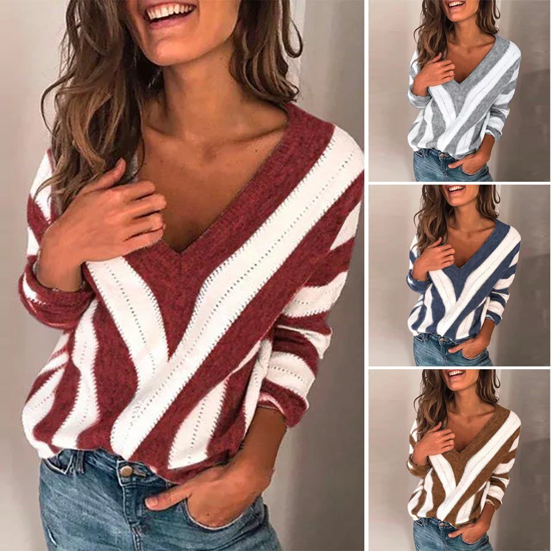 Winter Women Striped Sweater Outdoor Knitwear Tops V-neck Long Sleeve Loose new fashion elegant casual autumn basic slim jumper
