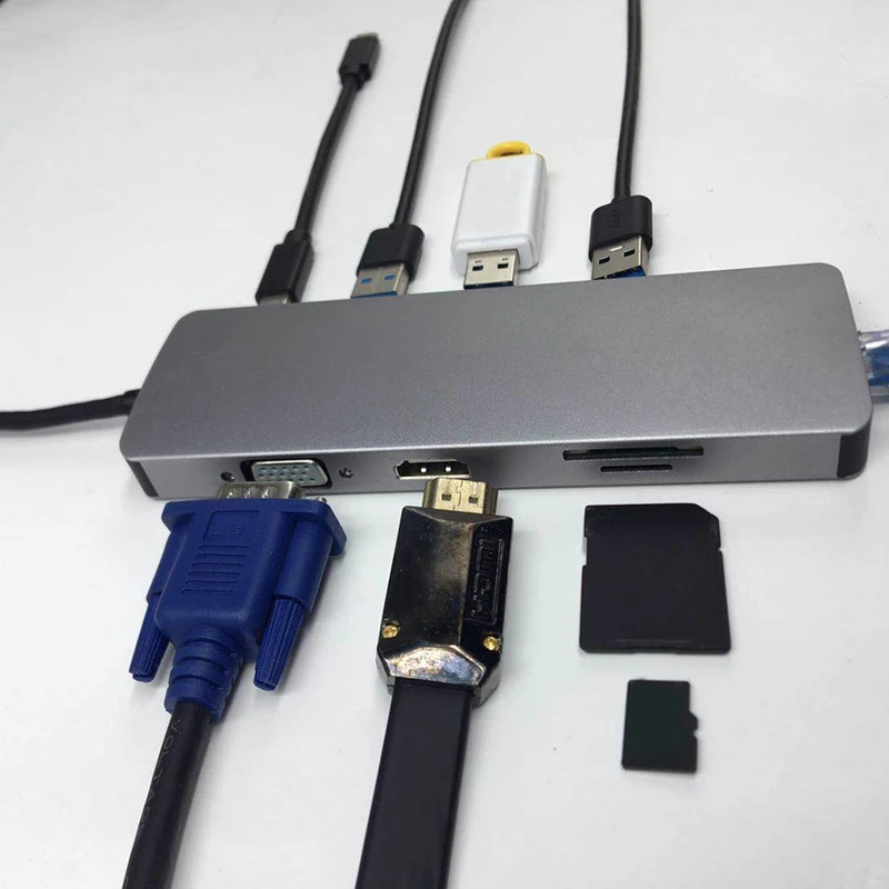 Тип-c-концентратор+ Hdmi+ Vga+ Rj45+ тип-c(зарядка+ передача данных)+ Sd/Tf Одновременное чтение 3,0 карт