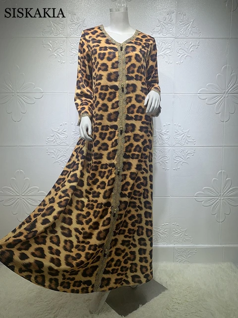 Ramadan Eid Mubarak Jalabiya Leopard Print Maxi Dress Women 2021 Lace Patchwork Loose Arabic Oman Dubai Muslim Islamic Clothing 3