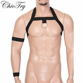 

Mens Halter Neck Elastic Shoulder Chest Muscle Harness Belt with Armband and Wristband Fancy Club Party Costume Strap Accessory