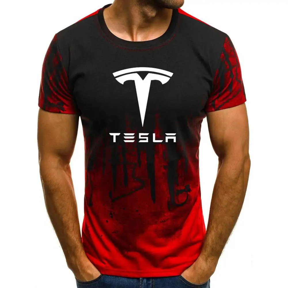 Мужская футболка с коротким рукавом и логотипом машины Tesla, летняя повседневная хлопковая Футболка с градиентом, модная мужская брендовая футболка в стиле хип-хоп Harajuku