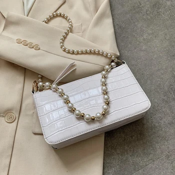 

Stone Pattern Pearl Shoulder Belt Bags For Women PU Leather Simple Small Flap Handbags Lady Shoulder Daily Bag Travel Totes Sac