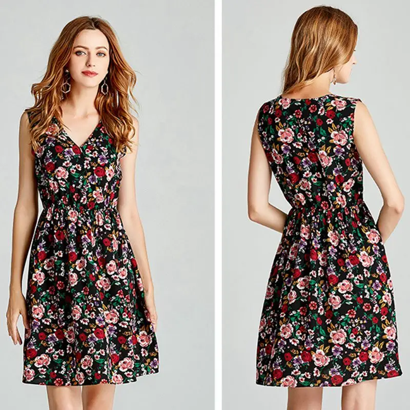 

Elegant Dresses 2019 Women Casual Sexy V Neck Print Floral Beach Dress Female Vintage Elegant Slim Mini Party Dresses Vestidos