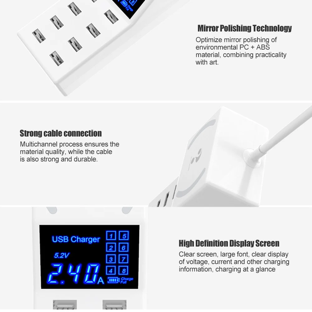 8 usb портов зарядное устройство адаптер питания светодиодный экран Быстрая зарядка 40 Вт для телефона Новое поступление