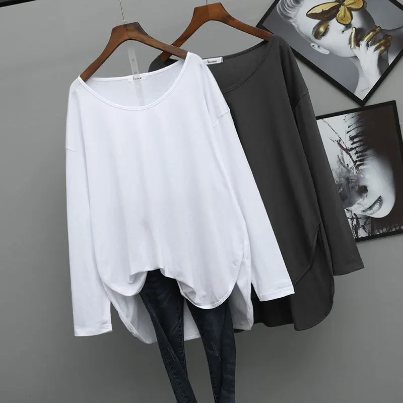 2022 Spring New Korean Arrival Loose Thin Simple White Long Sleeved T-shirt V-neck Casual Lazy Style Women Free Shipping | Женская